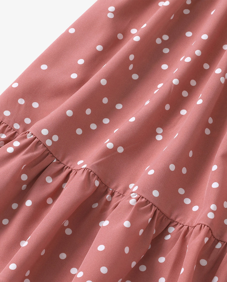 All Over Dots Pink Cross Wrap V Neck Ruffle Flutter-sleeve Dress for Mom and Me PinkyWhite