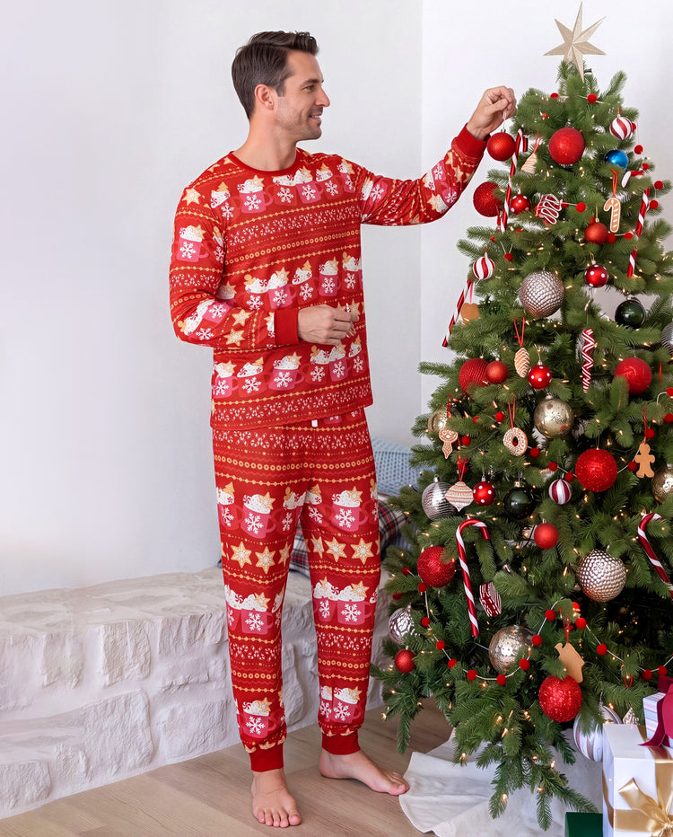 Pyjamas de Noël assortis pour la famille, imprimé motif Fair Isle et mug, rouge