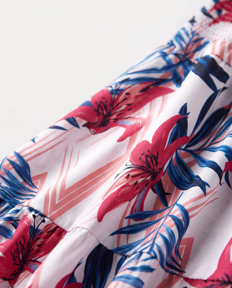 Conjuntos Tropicales de Papá e Hija Camisa de Manga Corta con Estampado de Hojas Rosas y Azules o Top Fruncido de Un Hombro y Falda a Juego para Vacaciones, Crucero, Playa Blanco