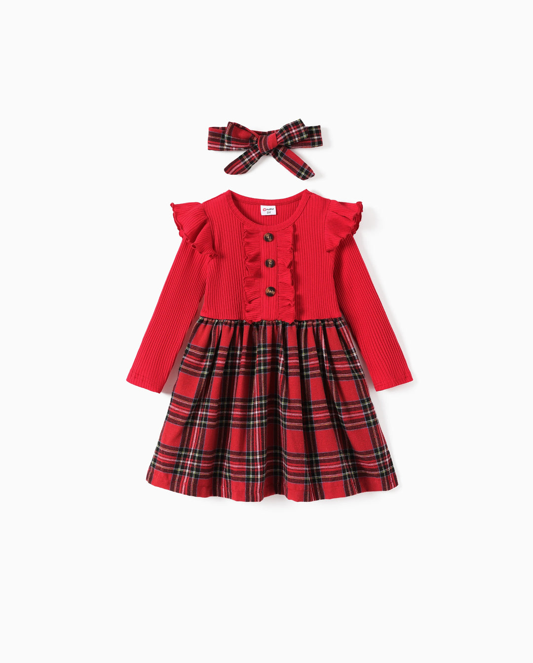 Christmas Toddler Girl Grid Print Ruffled Dress with Headband Red