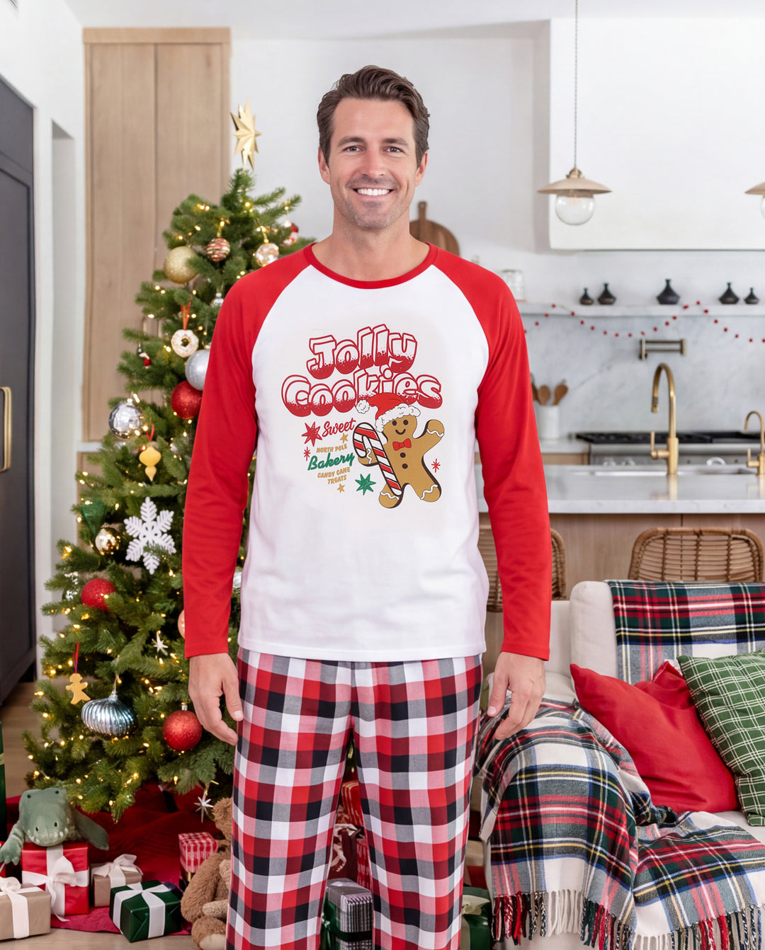 Christmas Matching Family Pajamas Gingerbread & Plaid Print Red