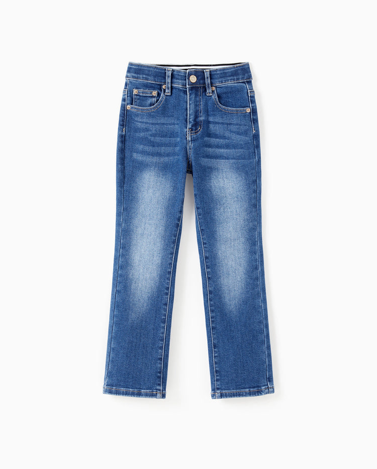 Kids Pull On Elastic Waist Denim Jeans Soft Stretch Comfortable Everyday Pants with Pockets Blue