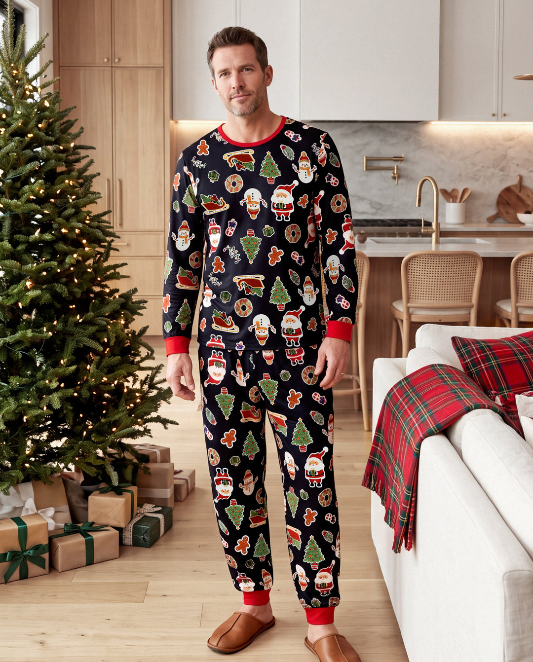 Pijamas navideños a juego para toda la familia con estampado de árboles de Navidad y muñecos de jengibre, negro
