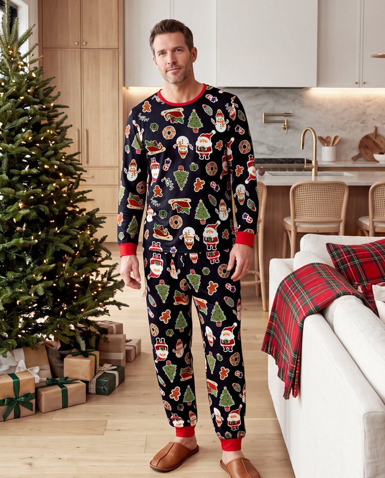 Pijamas navideños a juego para toda la familia con estampado de árboles de Navidad y muñecos de jengibre, negro