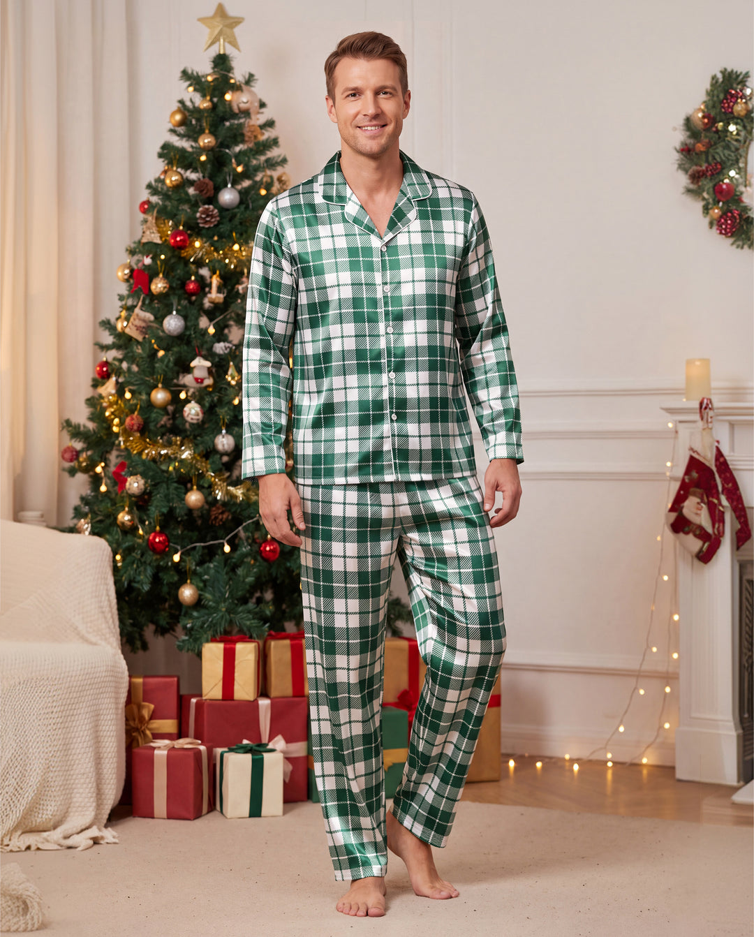 Pyjamas de Noël assortis pour toute la famille, imprimé nœuds et carreaux, satin multicolore