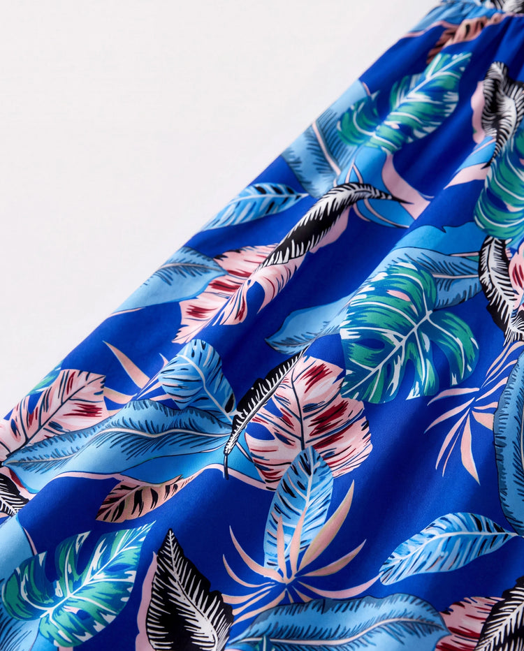 Ensemble robe & tee-shirt tropical Papa & Fille – Imprimé floral bleu pour Papa, Maman, filles & bébé, Parfait pour vacances d'été et photos de famille Bleu