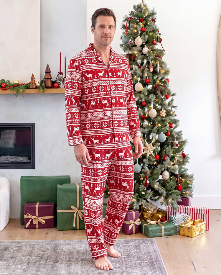 PatPat Family Matching Christmas Pajamas Fair Isle Print Collared Red