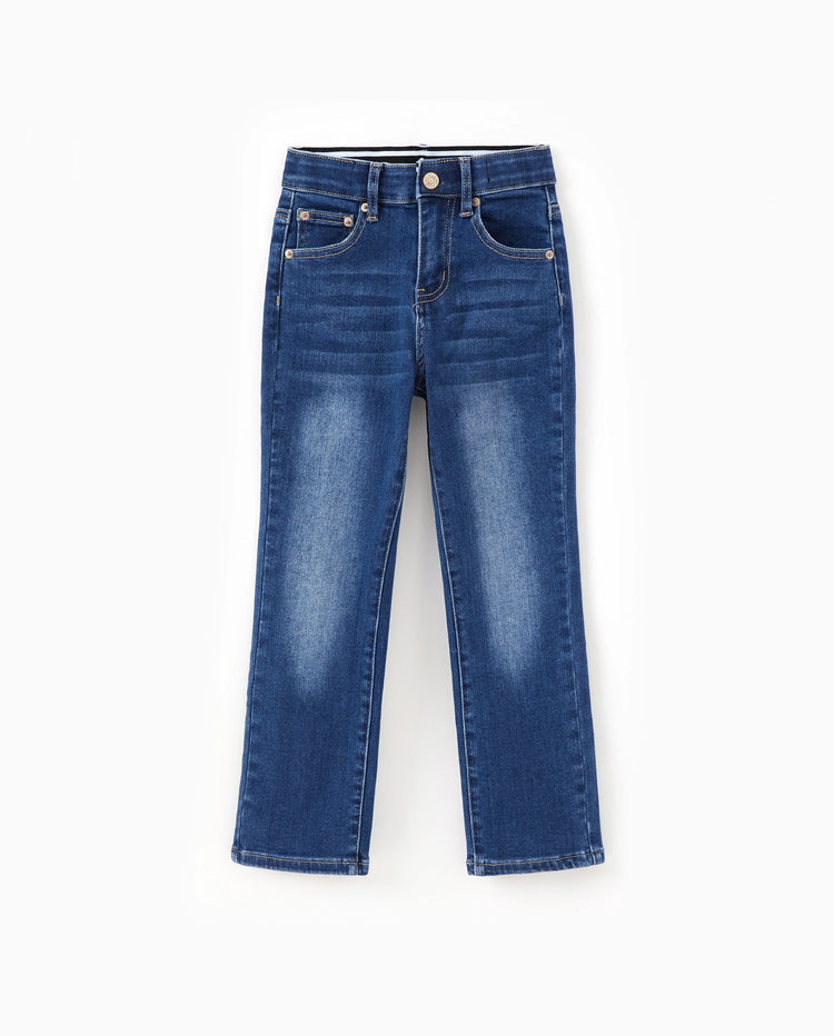 Kids Pull On Elastic Waist Denim Jeans Soft Stretch Comfortable Everyday Pants with Pockets Deep Blue