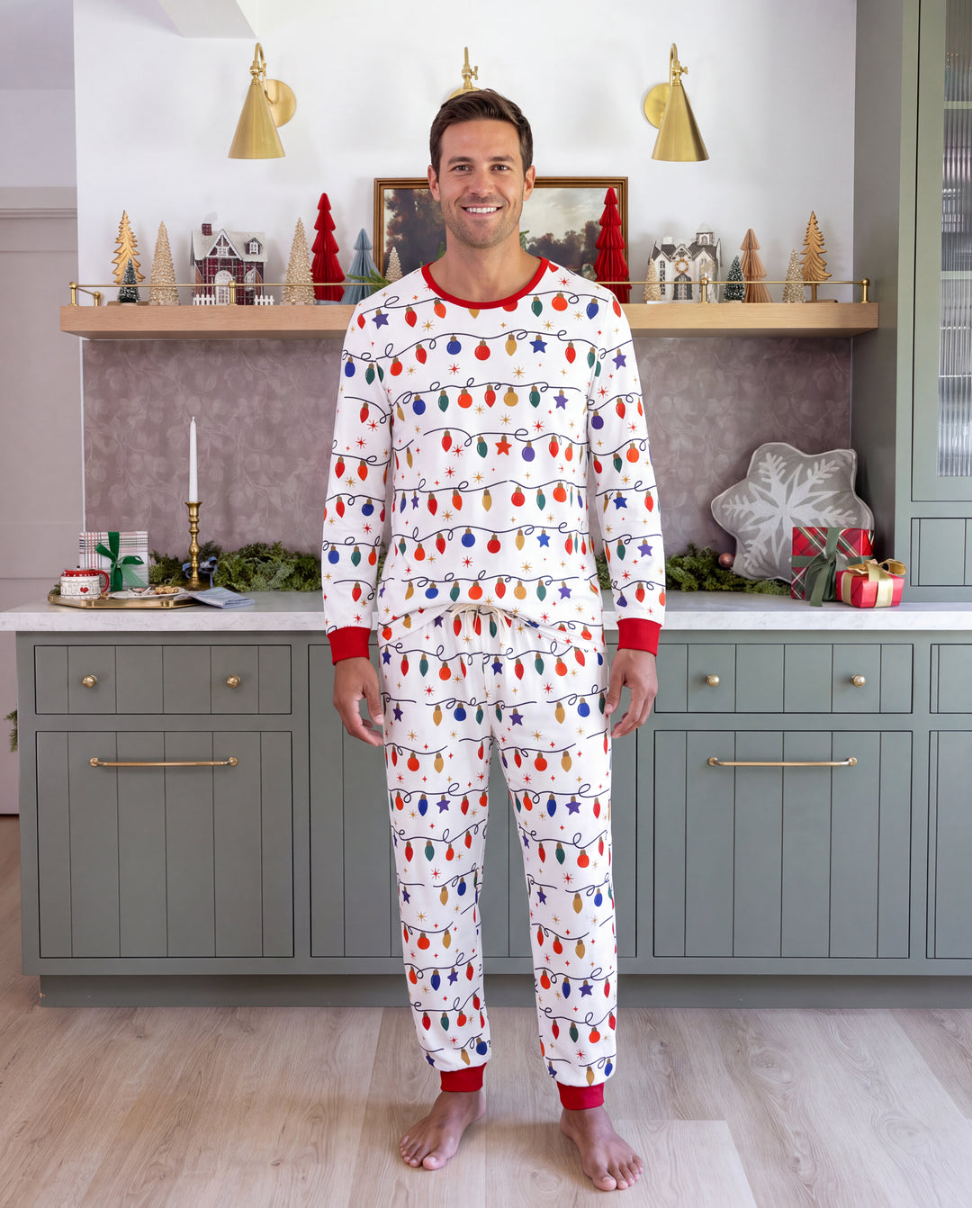 Christmas Matching Family Pajamas Xmas Lights Print White