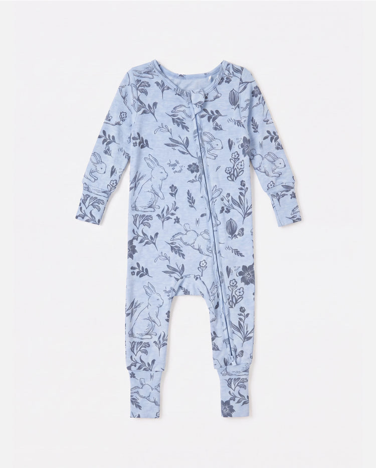Pijama de lana ajustado con cremallera y estampado de plantas para bebé niño/niña azul claro