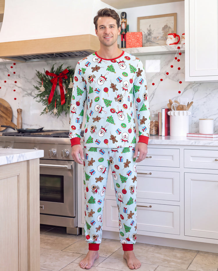 Christmas Matching Family Pajamas Santa & Xmas Tree Print Teal