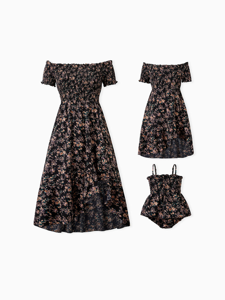 Matching Family Dresses - Black Floral Shirred Off Shoulder Dress for Mommy Me Black