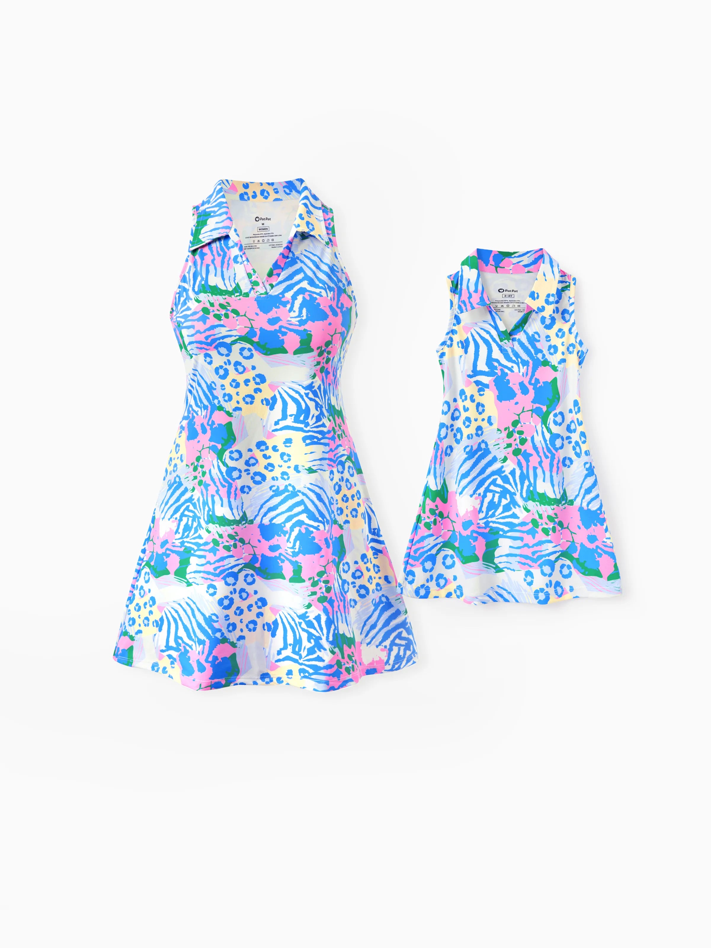 Matching Mommy and Me Resort Dresses Colorful Abstract Print Halter Collar Dress With Shorts, Chic Summer Vacation Outfits Multi-color Matching Mommy and Me Resort Dresses Colorful Abstract Print Halter Collar Dress With Shorts, Chic Summer Vacation Outfits Multi-color