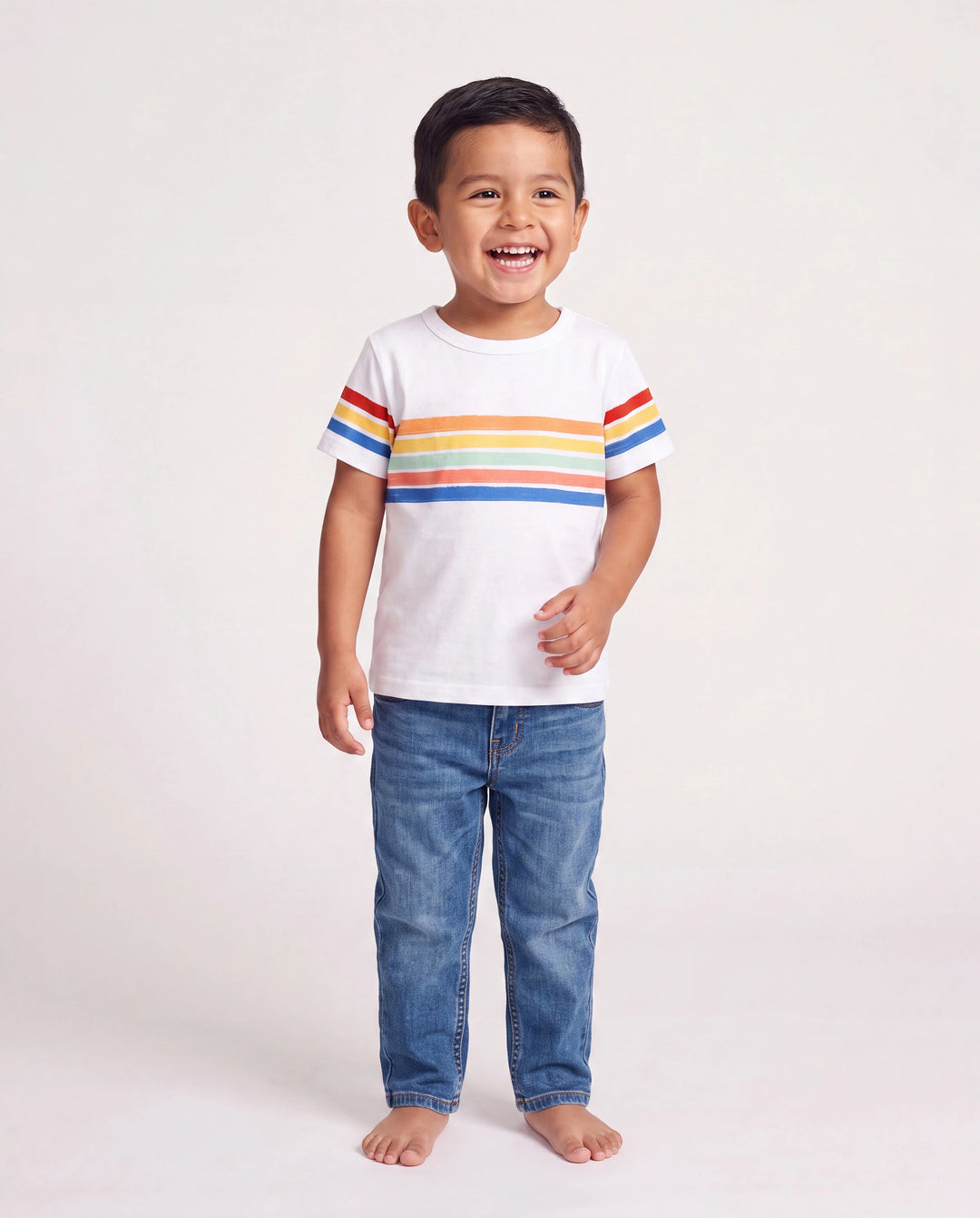 Family Matching Colorful Striped V Neck Flutter-sleeve Dresses and Short-sleeve T-shirts Sets COLOREDSTRIPES