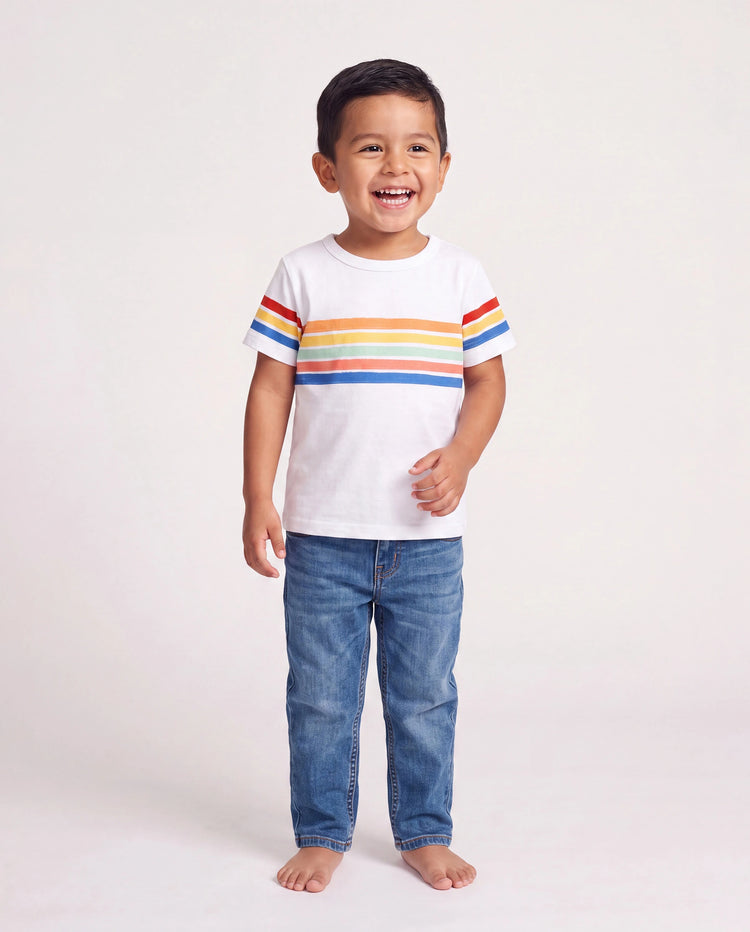 Family Matching Colorful Striped V Neck Flutter-sleeve Dresses and Short-sleeve T-shirts Sets COLOREDSTRIPES