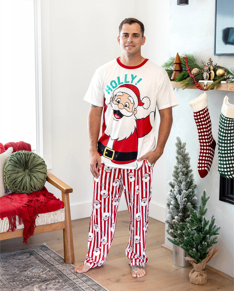 Conjunto de pijama familiar navideño a juego con Papá Noel y copos de nieve, rayas rojas, pijama rojo