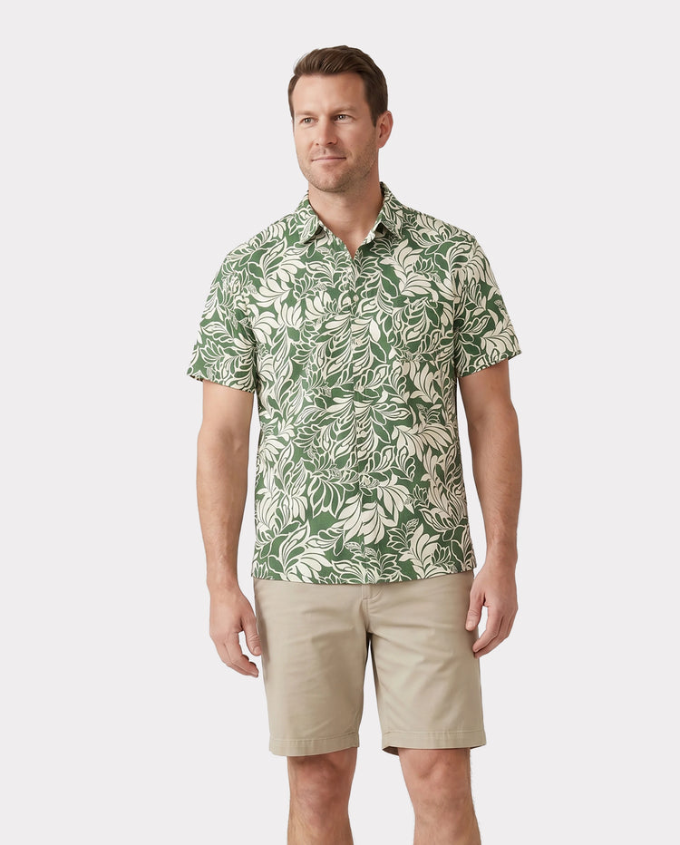 Family Matching Leaf Print Short-sleeve Shirt or Halter Dress Green Set Green