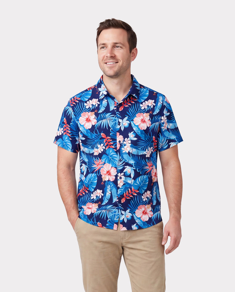Family Matching Vacation Set Tropical Floral Print Shirt or Halter Dresses for Dad, Mom, Kids & Baby, Perfect for Summer Holidays & Family Photos Deep Blue
