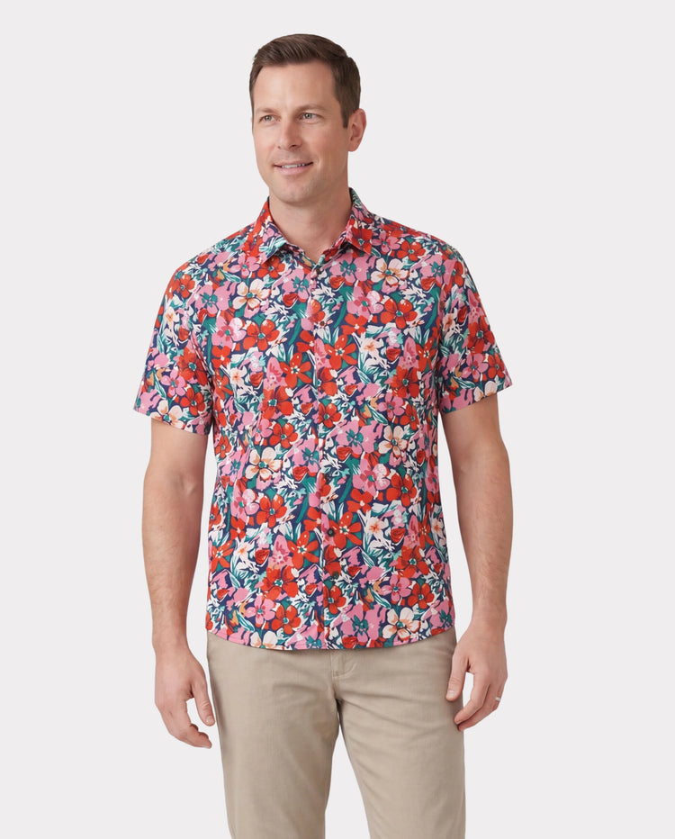 Family Matching Floral Print Short-sleeve Shirt or Off Shoulder Smocking Dresses Set Dark Blue