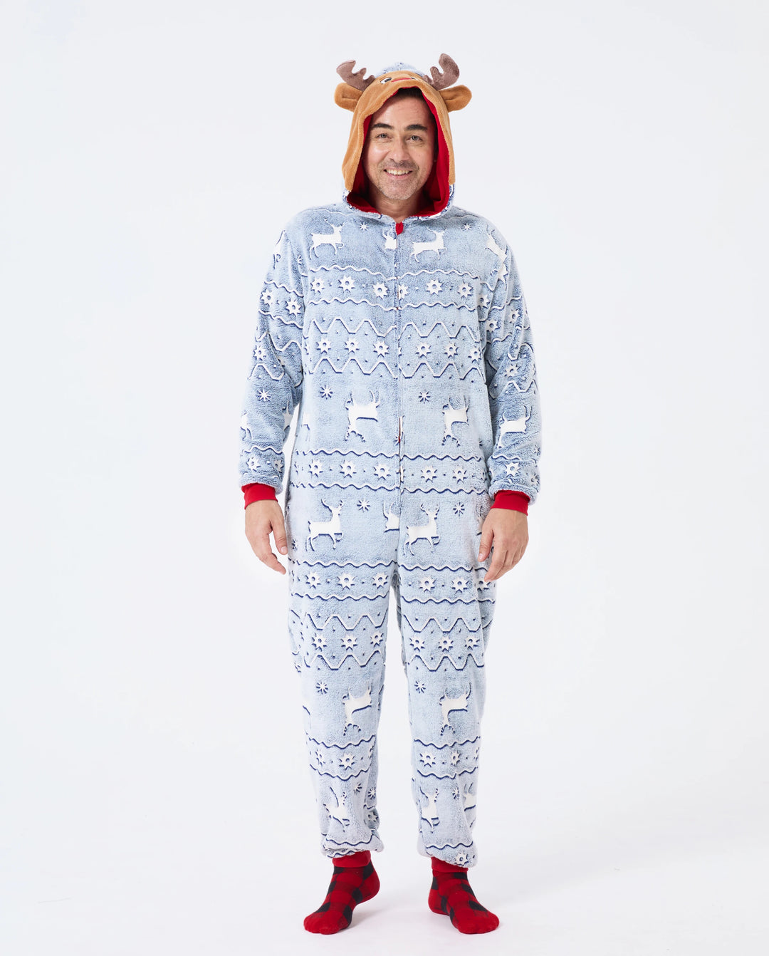 Christmas Onesies Matching Family Pajamas Set Reindeer Print Glow In The Dark PJS with Christmas Socks White/Gray