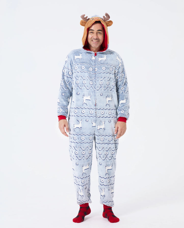 Christmas Onesies Matching Family Pajamas Set Reindeer Print Glow In The Dark PJS with Christmas Socks White/Gray