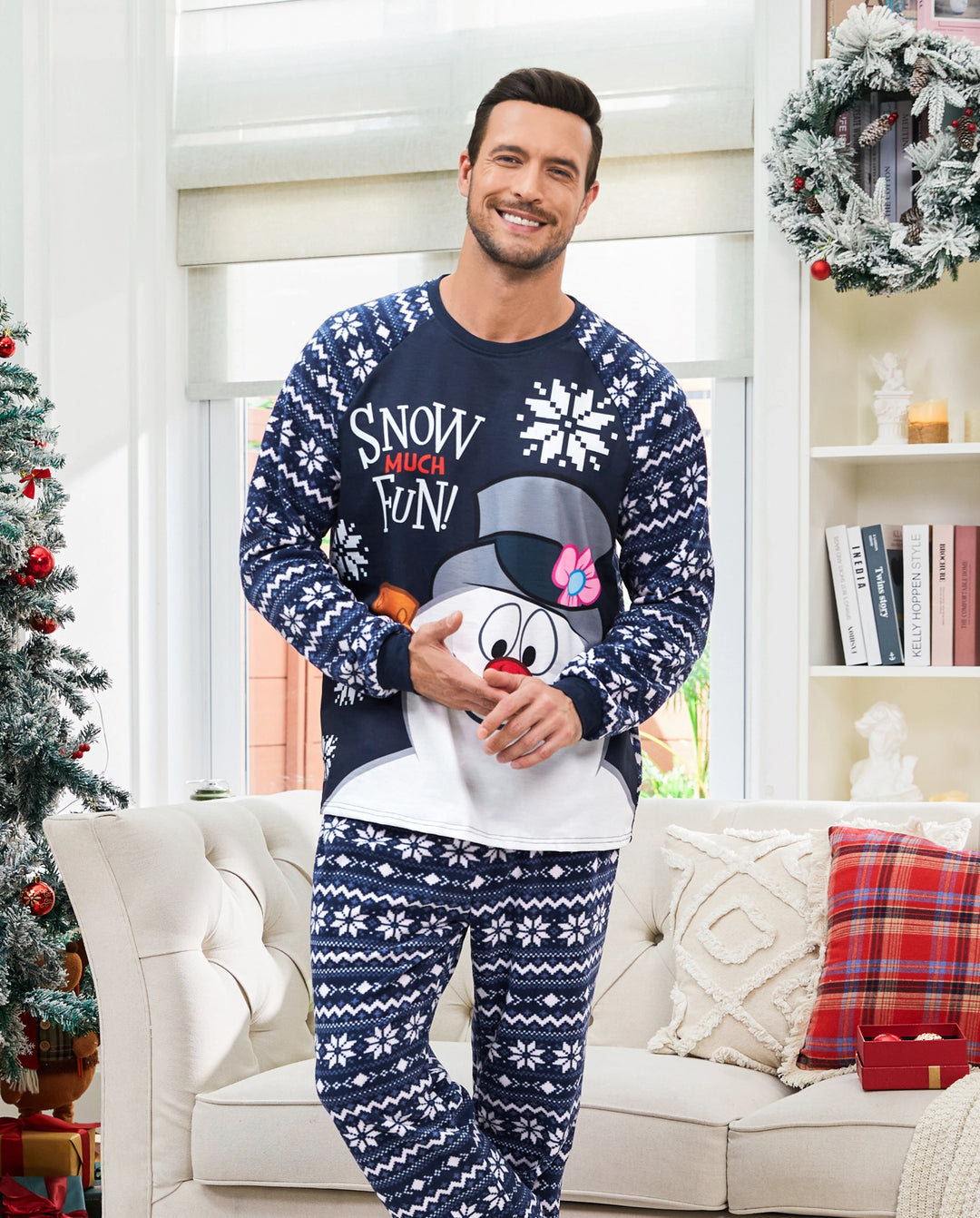 Frosty der Schneemann Weihnachtsfleece mit Schneeflocken-Druck Schlafanzug-Sets mit Weihnachtssocken