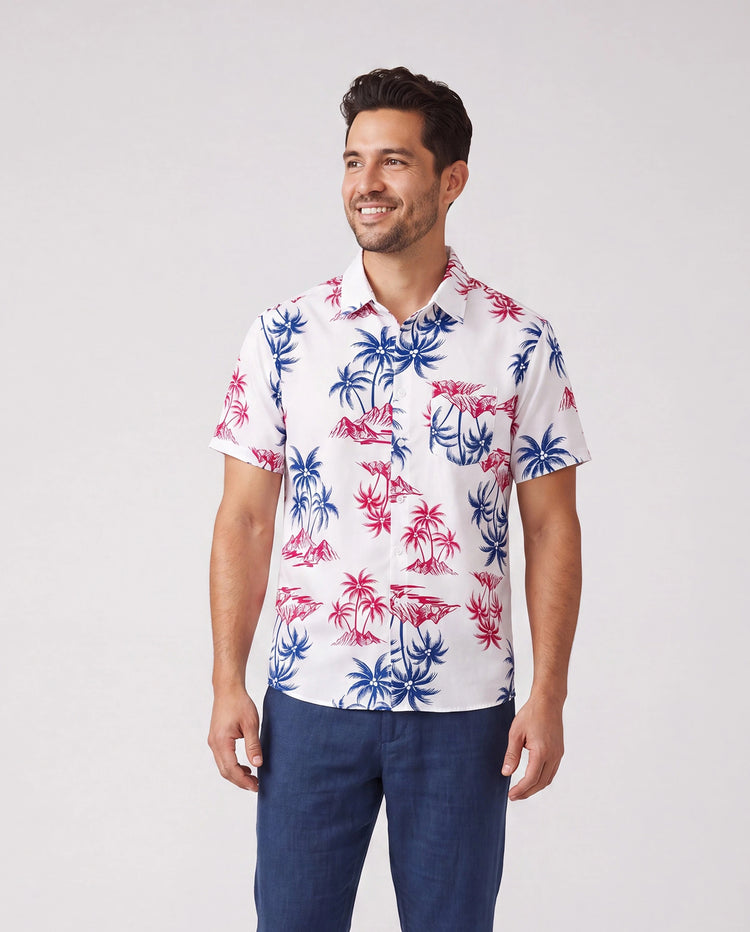 Independence Day Matching Family Outfits Red & Blue Palm Tree Print Hawaiian Vacation Clothes Summer Beach Shirt & Dress Set Multi-color