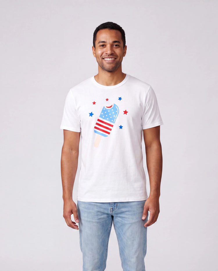 Independence Day Family Matching Patriotic Ice Cream Print Summer Cotton T-shirt & V-Neck Dresses White