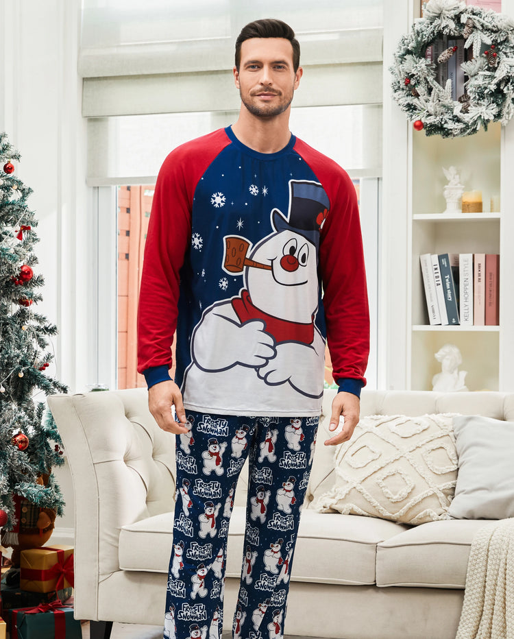 Frosty der Schneemann Weihnachtsfamilienpassend Farbblock Schlafanzug-Sets mit Weihnachtssocken