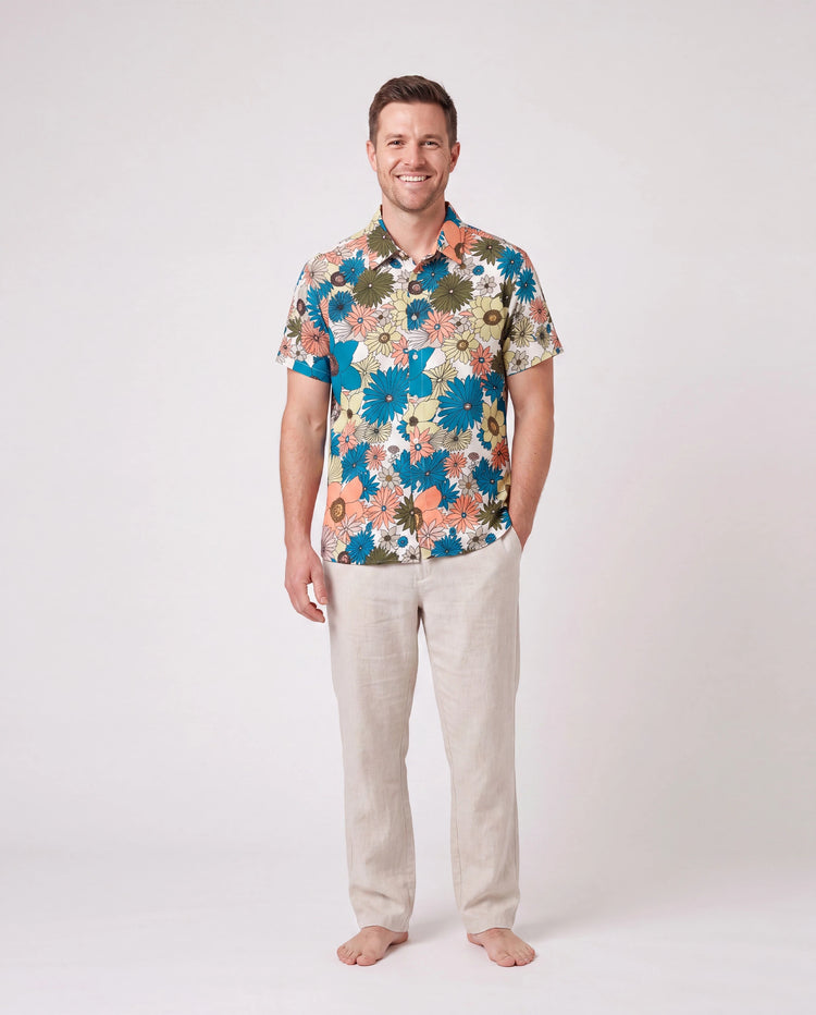 Family Matching Set Sun Flower Print Short-sleeve Collar Shirt or White Camisole Top and Flower Wide-leg Pants Set for Summer Vacation  Multi-color