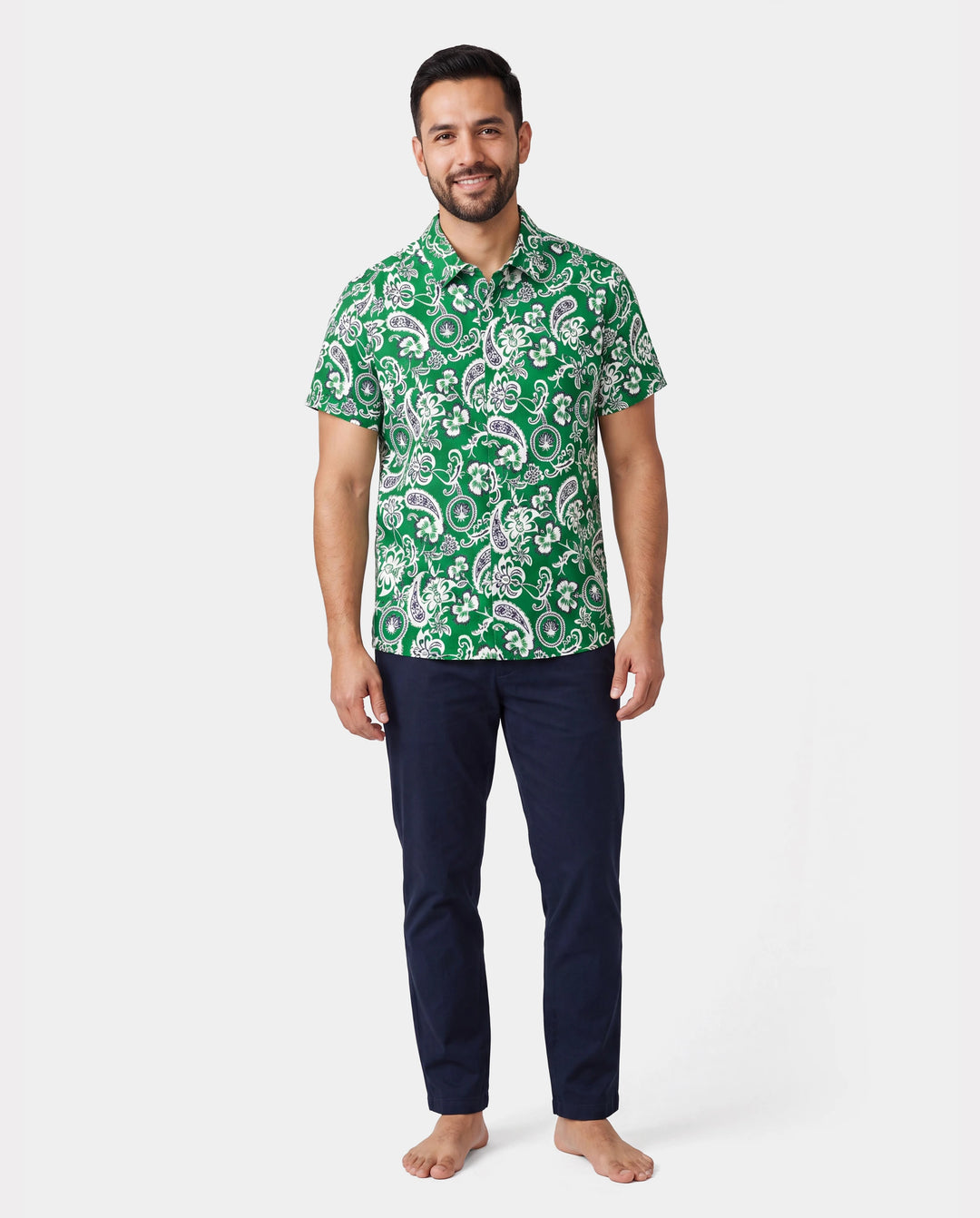 Family Matching Outfits Set Floral Print Short-sleeve Collar Shirt or Strappy Smocked  Dress for Summer Vacation  Green