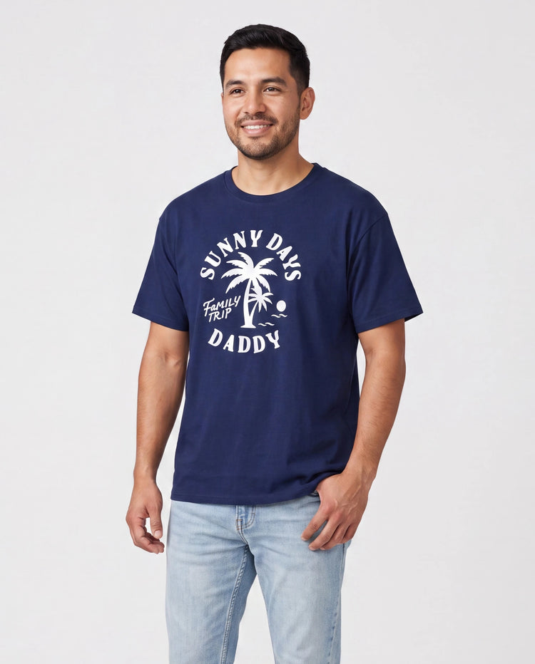 Set a Juego para la Familia de Camiseta de Algodón y Vestido – Estampado de Palmeras Días Soleados para Papá, Mamá, Bebé y Niño Pequeño, Perfecto para Vacaciones de Verano y Salidas Familiares Azul Tibetano