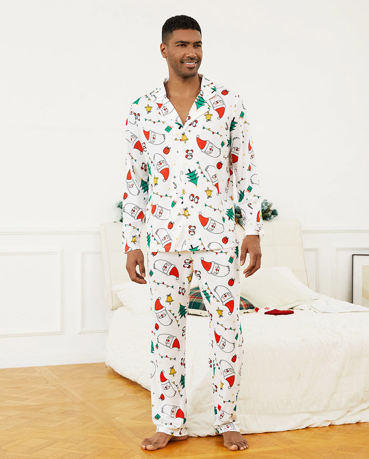 Conjunto de pijama de manga larga con estampado navideño familiar, colorido y festivo, con calcetines navideños blancos