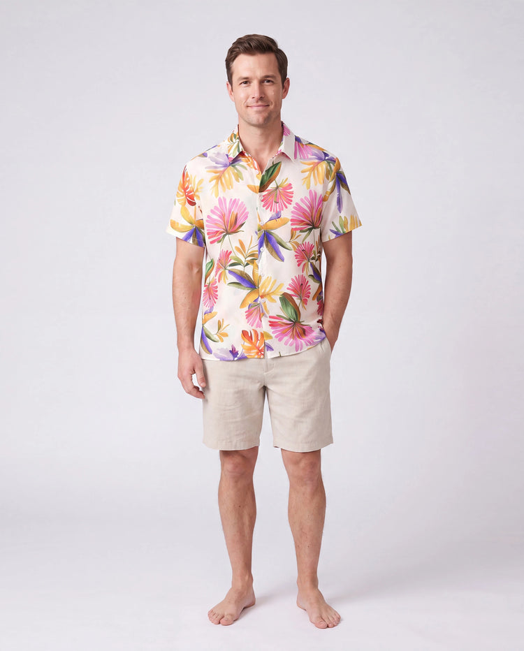 Family Matching Sets Tropical Floral V-Neck Dress & Short Sleeve Tee with Adjustable Straps Deep White Apricot