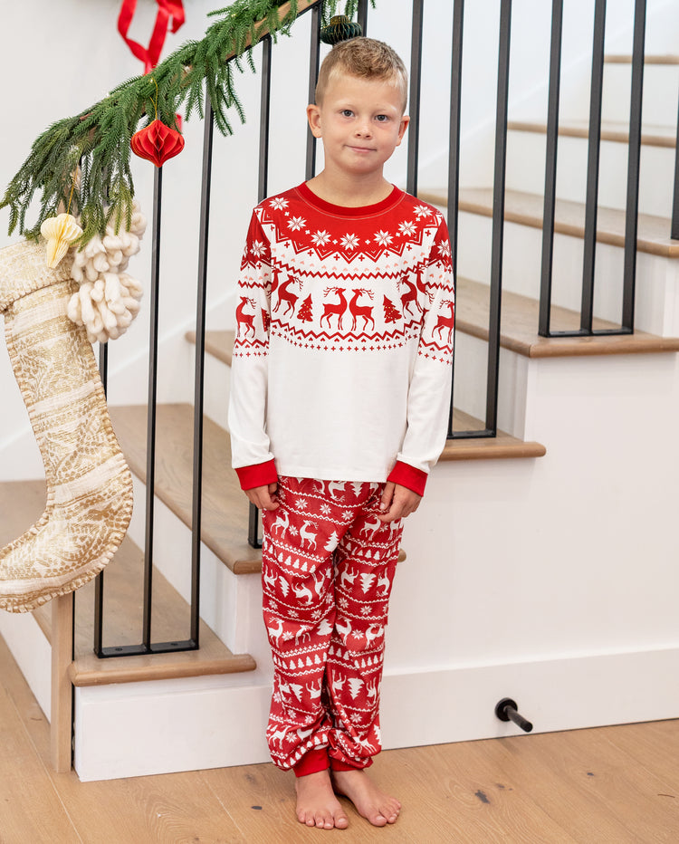 Family Matching Christmas Pajamas Fair Isle & Reindeer Print Red