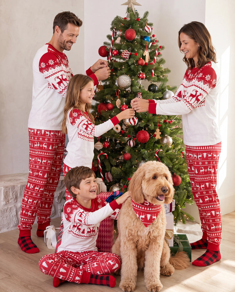 Christmas Reindeer and Snowflake Print Family Matching Pajamas Sets with Christmas Socks Red