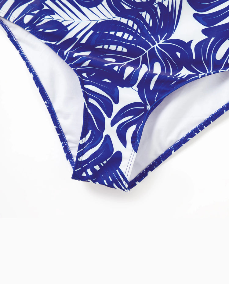 Maman et moi Maillot de bain une-pièce à bretelles croisées et découpe imprimé feuilles tropicales Bleu