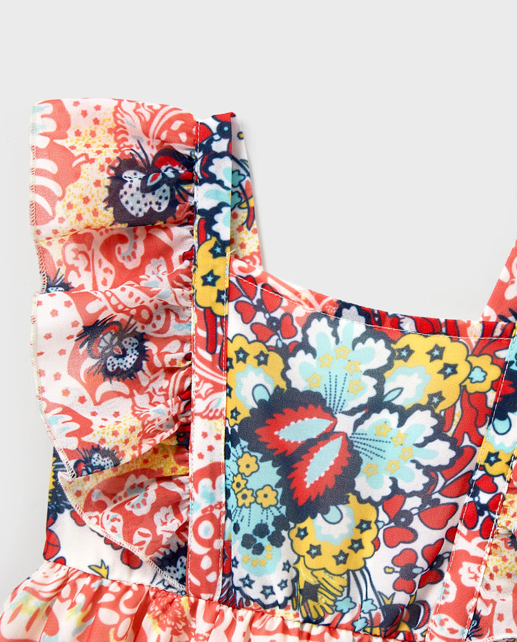 Toddler/Kid Girl Floral Print Flutter Sleeveless Dress Orange red