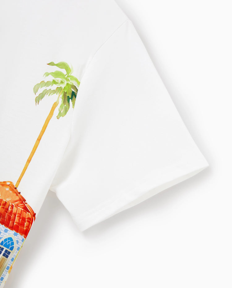 Daddy & Daughter Vacation Set Tropical Pineapple Coconut Tree Print Short-sleeve T-shirt or Hollow out Strap Dress for Summer Vacation White