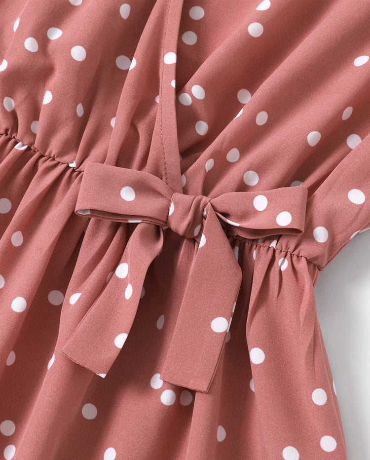 All Over Dots Pink Cross Wrap V Neck Ruffle Flutter-sleeve Dress for Mom and Me PinkyWhite