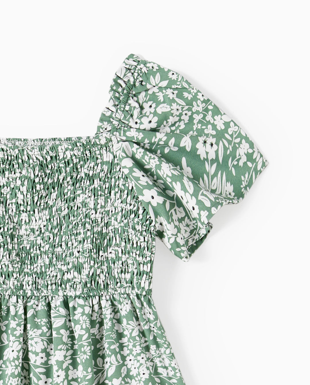 Conjuntos Elegantes de Mamá y Yo con Estampado de Flores Roto para Familia, Diseño con Fruncido, Grosor Medio Verde