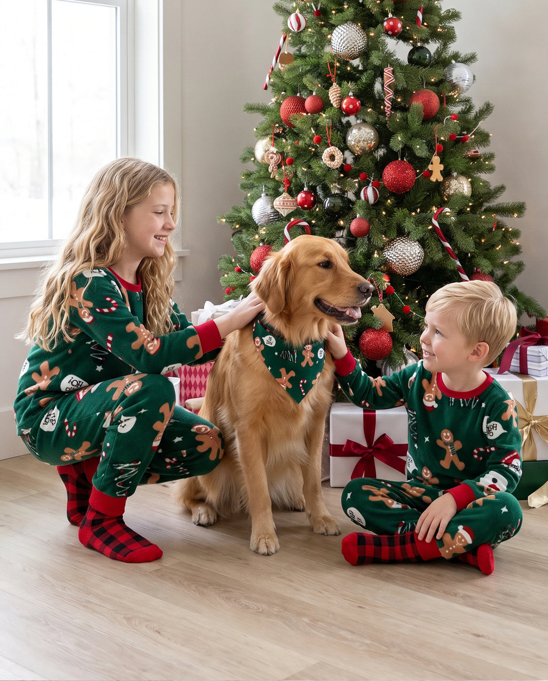 Pijama navideño familiar a juego de polar con hombrecito de jengibre, manga larga y calcetines navideños, color verde oscuro