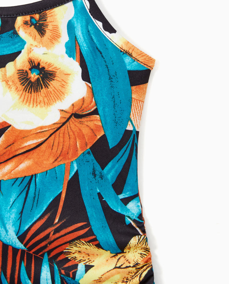 Ensembles Robe Maman & Moi à Imprimé Floral avec Cordon Froncé et Bretelles Noirs