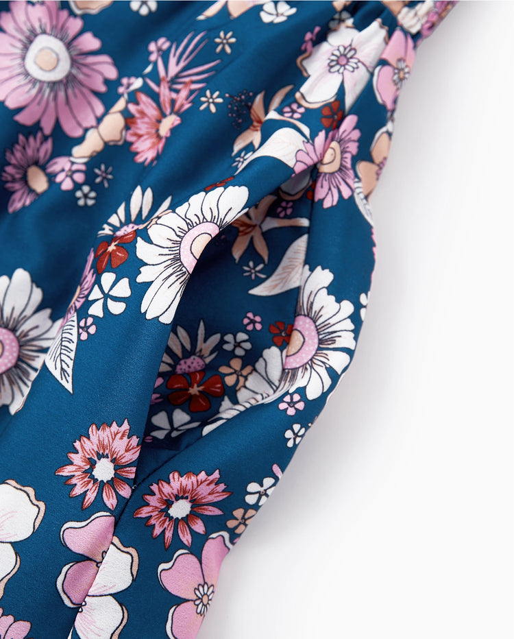 Tenues Maman & moi Chemise à col à manches courtes imprimé floral intégral ou robe sans manches à nouer pour les vacances d'été CYAN-