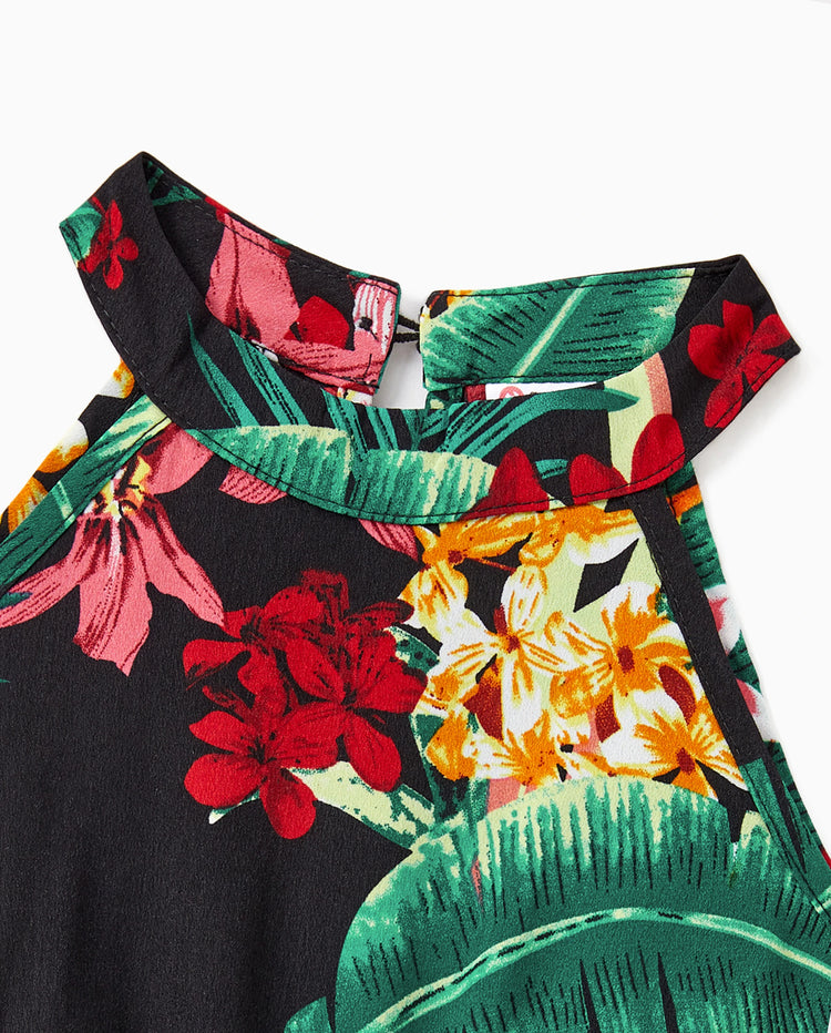 Conjuntos familiares a juego para mamá y yo Vestidos halter con estampado floral de plantas por completo y conjuntos de camisas de manga corta Negro