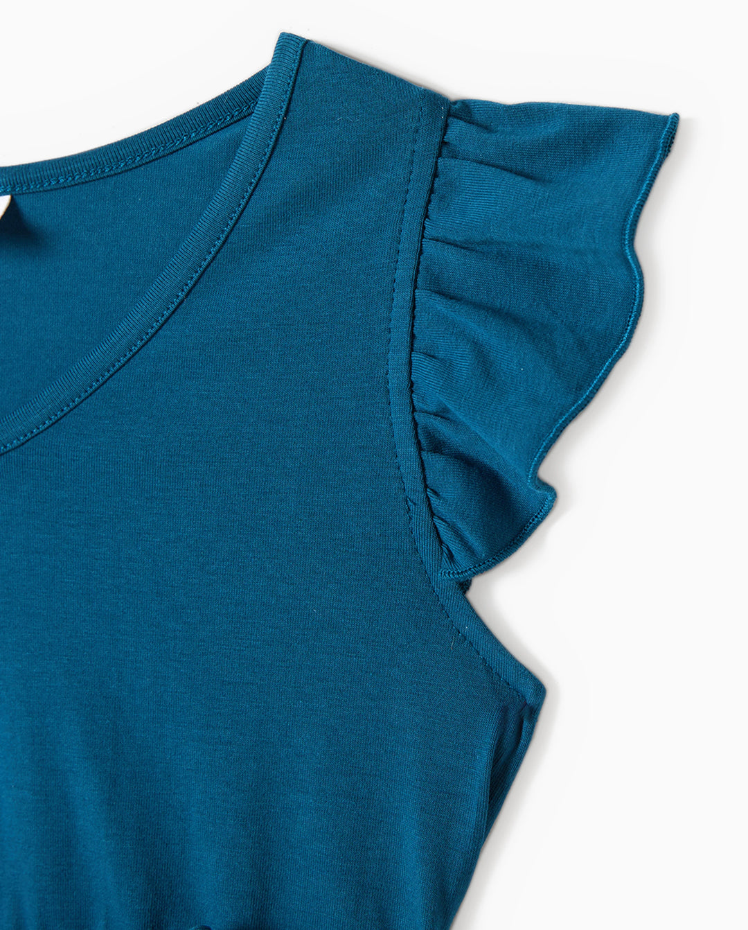 Vestidos con escote en V sólido y mangas de volantes combinados con estampado floral y conjuntos de camisetas de manga corta a bloques de color para papá e hija Azul celeste