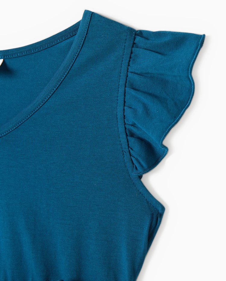 Vestidos con escote en V sólido y mangas de volantes combinados con estampado floral y conjuntos de camisetas de manga corta a bloques de color para papá e hija Azul celeste