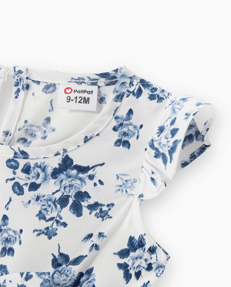 Conjunto de Papá y Hija: Traje casual con fruncido floral AZULBLANCO