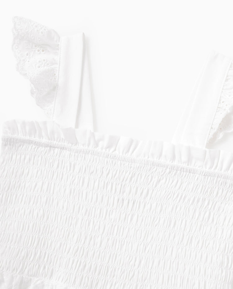 Vestidos de algodón a juego para mamá y yo Vestidos fruncidos con ojales y tirantes con volantes, perfectos para salidas y fotos familiares en verano Blanco