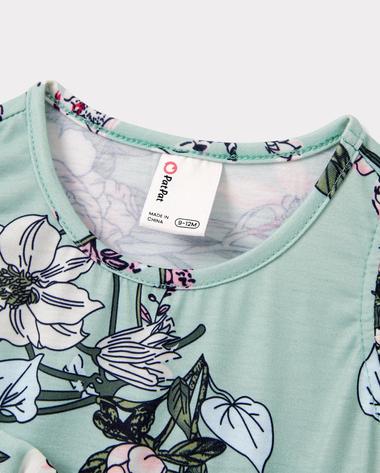 Daddy & Daughter Sets Green Striped Polo Shirt or Flora Print Strap Belted Dress Light Green